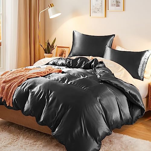 Vonty Parure de lit 3 pièces en Satin de Soie avec Fermeture éclair, Parure Drap pour lit Double/Grand lit Noir (1 Housse de Couette + 2 taies d'oreiller)