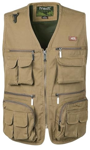 KTWOLEN Herren Angelwesten Sommer Outdoor Weste mit Vielen Taschen Fotografie Anglerweste Arbeitsweste Safari Weste Jagd und Fischer Weste, Khaki, L