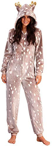 Loungeable Damen Jumpsuit Overall Tiere Gesichter Öhrchen 3D Kapuze Rentier - Reindeer Luxury with metallic Antler 790039 S