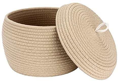 Sea Team Eleganter runder Baumwollseil-Aufbewahrungskorb mit Deckel - Multifunktionaler Organizer für Snacks, Handtücher uvm. - Ideal für Ihr Zuhause, 10 x 7,5 Zoll (Klein, Khaki)
