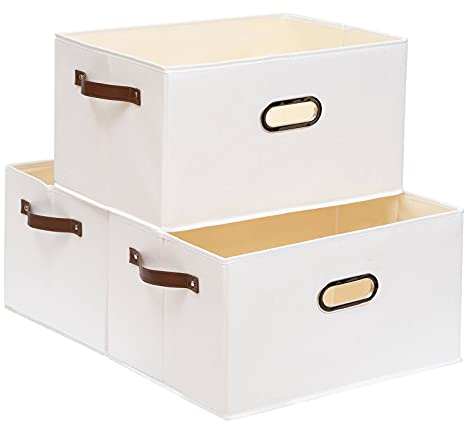 Yawinhe 3 Stück Aufbewahrungsbox aus Stoff, Faltbare Aufbewahrungskorb mit Griffen, Waschbare, für Schlafzimmer, Kleideraufbewahrung, 38x25x21cm, Weiß, SNK030WS