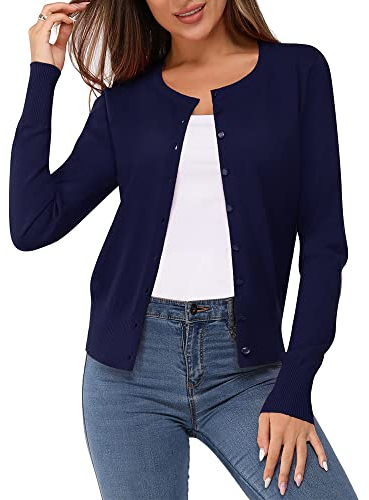VOTEPRETTY Strickjacke Damen Leichte Cardigan Sommer Kurz Rundhals Strickjacken Langarm Strickmantel mit Knöpfe Marine