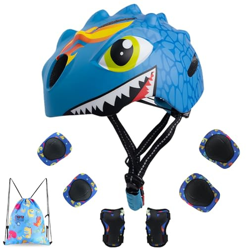 Toddler Helmet Kids Bike Helmet for 2 3 4 5 6 7 8 Years Old Girls with 3D Dinosaur Design Protective Gear Set and Safety Certified, Toddler Bike Cycling Skating Skateboard Scooter Helmet (Blue)