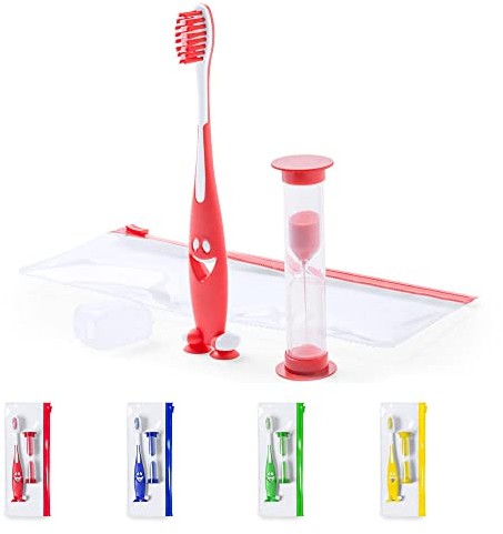 CEZARO - Set de brosse à dent rouge pour enfant : Une brosse amusante avec ventouse + Un sablier de 2 min + Une trousse de rangement (Fident rouge)