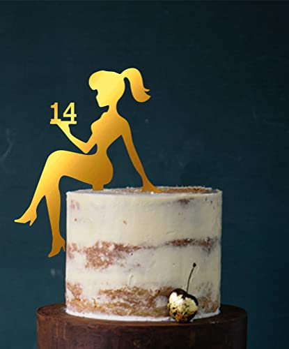Girl, birthday, Tortenfigur, Cake Topper, Mädchengeburtstag, sweet 16, sweet 18, Zahl, TopperZahl, Geburtstag, Geburtstagsdeko, Dekoration (Gold (einseitig verspiegelt), 14)