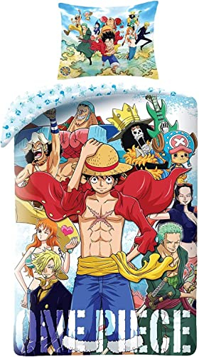ONE PIECE Monkey D. Luffy und verschiedene Figuren - Bettwäsche-Set, Bettbezug 140 x 200 cm und Kissenbezug 70 x 90 cm - 100% Baumwolle - mehrfarbig