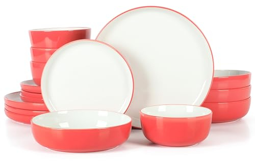 Sur La Table Kitchen Essentials Set di piatti e ciotole in porcellana, 16 pezzi, colore: rosso/bianco