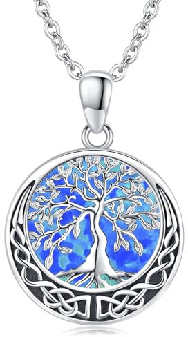 Odinstone Lebensbaum Kette 925 Sterling Silber Baum des Lebens Anhänger Familie Halskette Schmuck für Frauen Geschenke für Mama Freundin (Opal Blau)