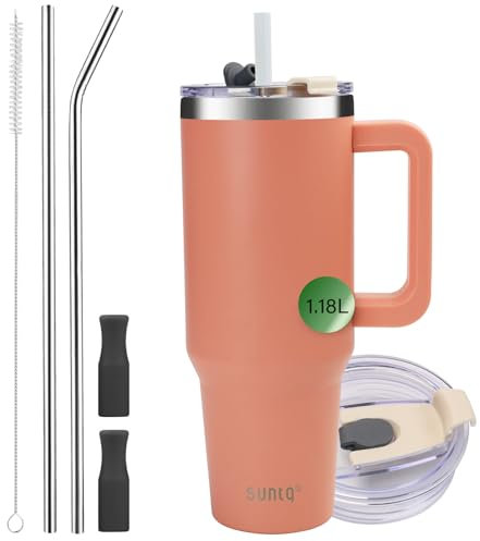 SUNTQ Tasse de 1180 ml avec poignée, bouteille d'eau isotherme à double paroi sous vide avec paille et couvercle, en acier inoxydable, tasse à café de voyage, pour boissons, adaptée au porte-gobelet