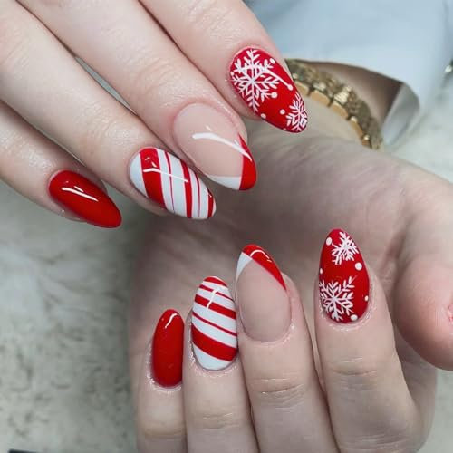 Rosarden 24Pcs Christmas False Nails - Almond Press on Nails - Red White Fake Nails with Snowflake - Xmas Full Cover Acrylic False Nails with Jelly Adhesive Tape