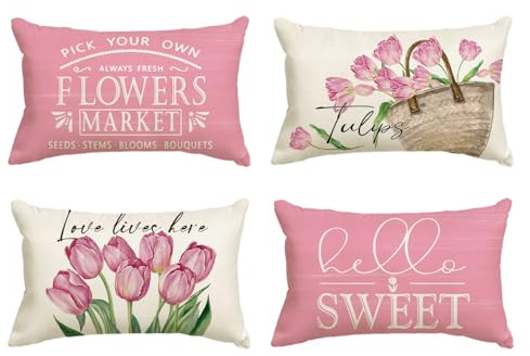 Artoid Mode Tulpen Tulips Korb Hello Sweet Frühling Kissenbezüge 4er Set, 30x50 cm Saisonnal Zierkissenbezug Couch Wohnzimmer Deko