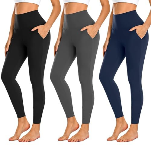 FuelMeFoot 3 Pack Leggings Damen mit Taschen High Waisted Leggins Blickdicht Bauchkontrolle Elastische Sportleggings Workout Yoga Gym.C2-Schwarz/Dunkelgrau/Navy Blau L/XL