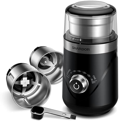 SHARDOR KaffeemüHle Mit 2 Edelstahltassen GewüRzmüHle, Automatischer Timer, GeräUscharmes Mahlen, Kann Zum Mahlen Von Kaffeebohnen, GewüRzen, Getreide, Zucker, NüSsen Verwendet Werden, 2 * 80 G