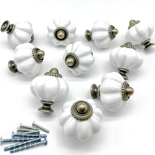 YOUYOUULU Kürbis-Keramikknäufe – weiße Kürbis-Porzellan-Griffe, 10 runde Schrankknäufe, weiße Keramik-Schubladenknöpfe