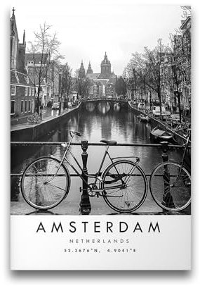 Amsterdam Reisedruck, Niederlande Poster, Amsterdam Schwarz-Weiß-Fotografie-Drucke, Koordinaten Heimdekoration, Stadtbild, Niederlande Landschaftsposter, gerahmte Wandkunst, Leinwandbild,