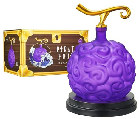 Anime Devil Fruit Whiskey & Wine Decanter, 34oz Supernatural Powers Pirate Devil Colored Barware - Merch, Purple Gold Fruit, One Decanter -Beautiful Mahogany Wood Base Piece Holder Liquor, Scotch, Rum