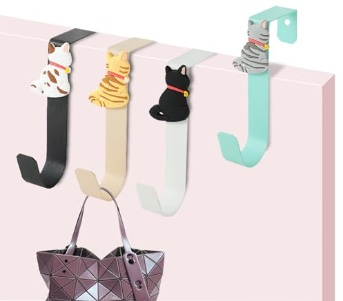 KASESSS 4 Pcs Over Door Hooks, Cat Motif Door Hanger, No-Punch Sturdy Coat Hooks for Bedroom Doors, Bathroom, Wardrobe