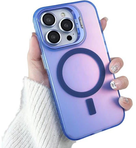 ZinLyuen for iPhone 14 Pro Max Case Invisible Stand Military-Grade Holographic Iridescent Case for 14 ProMax Compatible with MagSafe with Camera Protector,Blue