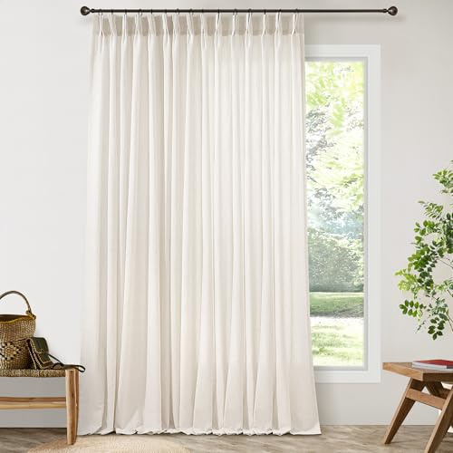 Pinch Pleat Linen Sheer Curtains 90 Inches Long 100 Inch Wide for Patio Sliding Door Light Filtering Semi Sheer Pleated Drapes Back Tab Cream Ivory Extra Wide 100 x 90 Curtain for Living Dining Room