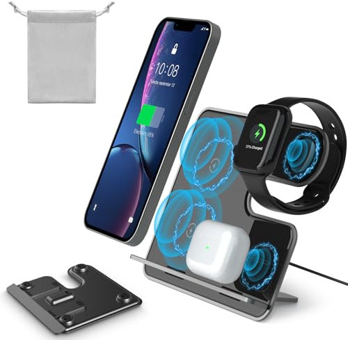 Qoosea 15W Wireless Charger, Abnehmbar Induktion Kabellose Ladegeräte, Tragbar Faltbar Schnelles Ladestation Handy Ständer Ultra Dünn Handyhalterung für iPhone/Samsung/Xiaomi/Google&iWatch&Airpods