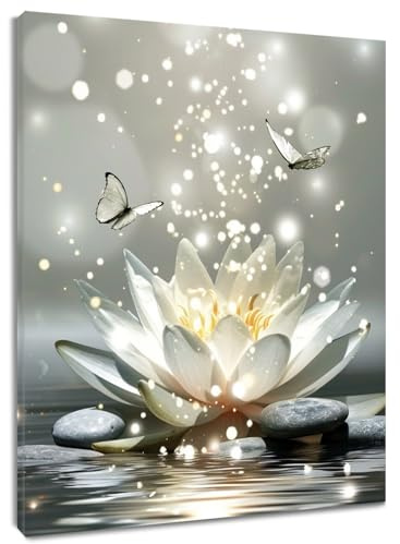 LB Wandbilder Graues Zen Spa Poster Weiße Seerosenblüte mit Schmetterling Wanddruck Yoga Entspannen Leinwand Bilder für Wohnzimmer Schlafzimmer Badezimmer Wand Deko,40x50cm Ungerahmt