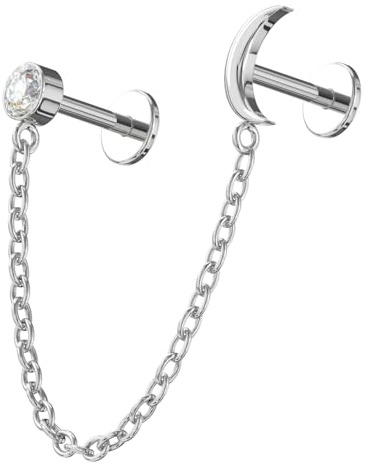 AZARIO LONDON G23 Grade Titan Zwei Löcher Piercing Kette Halbmond mit rundem CZ Stein Top Push Fit Labret - Tragus Bar Piercing - Labret Stud Helix - Tragus Ohrring, 16 Gauge ( 1.2mm ) - 6mm Length,