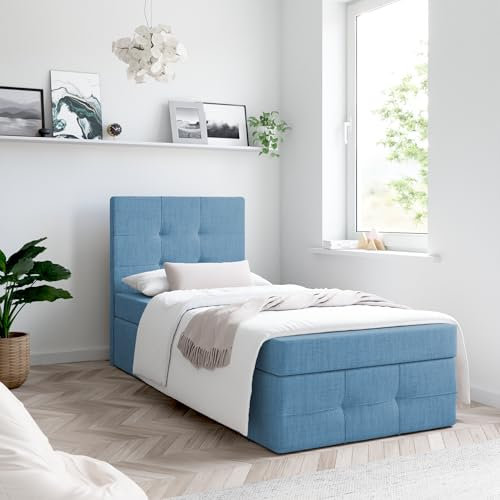Generisch Boxspringbett MERA Premium MINI mit Bettkästen, OHNE Topper, Einzelbett, Stauraum (Hellblau: Aura 13, 80x200 cm)
