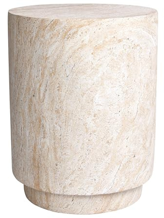 Empire Art Direct Cylinder Travertine Stone Finish Italian Design MgO Side Accent Table, Living Room, Bedroom & Office, 14.2x14.2x18.3