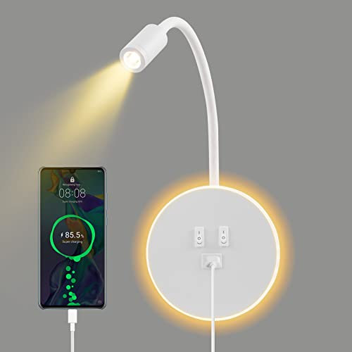 UrbanHomes Lampada da Parete a LED Lampada a Collo di Cigno Flessibile, Lampada da Lettura Sul Comodino con Porta di Ricarica USB E Interruttore, Applique da Parete per Corridoio (bianco)