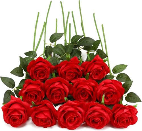 VIDSTW 12 Künstliche Rosen 52 cm Kunstrosen Lebensecht Rosen Künstlich mit Grüne Blätter Fake Wie Echt Blumenstrauß für Zuhause Hochzeit Party Garten (Rot)