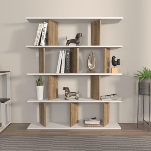 Stylish Bookshelf, White & Walnut, 120 x 141 x 24.6 cm | 100% Melamine Coated Particle Board, 18 mm Thick | Perfect for Modern Home & Office Decor