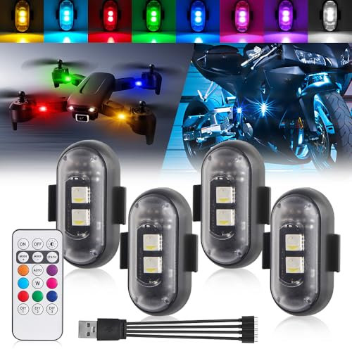 NHHEO Luci Stroboscopiche LED Senza Fili con Telecomando, 8 Colori Ricarica USB Lmpermeabile Luce a LED per L'interno Dell'auto Moto Bicicletta Drone Camion Anti-collisione (4PCS)