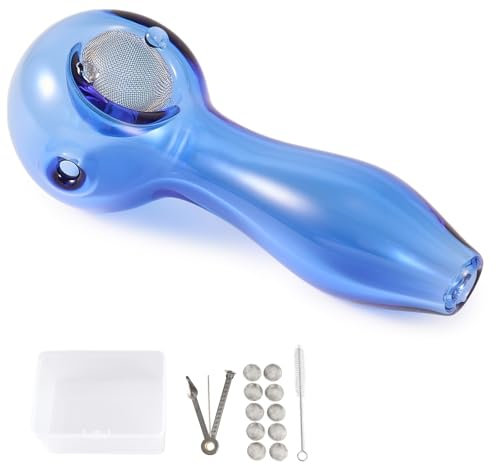 LIVBTS Handgefertigte Glaspfeife Konische Schüssel, Hitzebeständig und Geruchlos, Inklusive 10 Edelstahlfilter, Aufbewahrungsbox, Reinigungsbürste & 3-in-1 schaber-Reiniger-Set (Blau)
