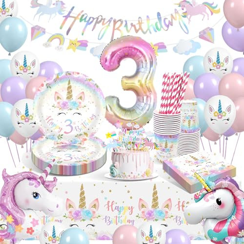 Decoration Anniversaire Licorne 3 Ans, Licorne Assiettes Deco Anniversaire 3 Ans Fille, Licorne Ballon Anniversaire 3 Ans Assiettes Gobelets Serviettes Couverts Nappe pour Enfants Party (16 Invités)