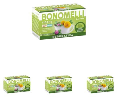 Bonomelli Tisane Funzionali, Depurativa, 16 Filtri, con Cardo Mariano, Sambuco e Tarassaco, Integratore Alimentare, Infusione a Caldo e a Freddo (32g) (Confezione da 4)