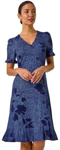 Roman Originals Tea Dress for Women UK Ladies Frill Hem Skater Wrap Jersey Stretchy Fit & Flare Flattering Knee Length Cocktail Party Occasion Holiday Going Out - Floral Navy - Size 14