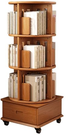 Modernes Bücherregal mit 4 Etagen, holzfarben, mit 360° drehbaren Schubladen, Rollen und schmalen Ecken, platzsparendes Design für kleine Schlafzimmer (47 x 48 cm)