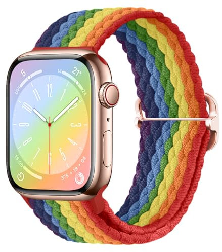Fitoncloud Cinturino Intrecciato Compatibile con Cinturino Apple Watch 38mm 40mm 41mm 42mm Donna Uomo, Regolabile Elastica Cinturini Nylon per iWatch Series SE 10 9 8 7 6 5 4 3 2 1, Arcobaleno