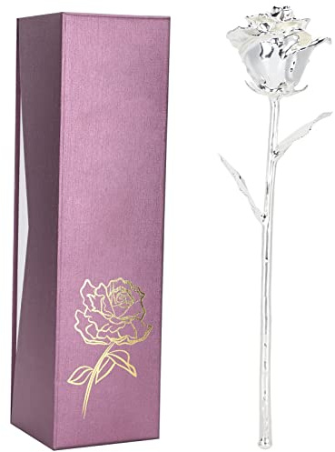 Jwthee Rosa immersa da 24k, vera gambo lungo artificiale rosa conservato fiore immerso con fiore di eternità romantica per le foglie decorazioni del festival del matrimonio (Argento)