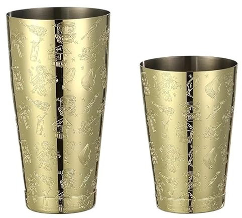 Coctelera,Cocktail Shaker Coctelera de acero inoxidable con diferentes acabados (2 unidades, 15 y 25 onzas)(Gold Graphic Tiki)