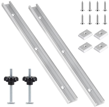 SWAWIS 2 Sets 400mm T nut Schiene Silber T-Track Gleitschiene mit Schraube | Aluminiumlegierung Gehrungsschiene Set für Holzbearbeitung, Enthält 2 M8 Griff, 2 M6 und 2 M8 Gleitblock