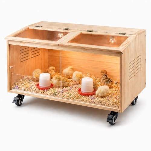 Hühnerbrutkasten aus natürlichem Kiefernholz für Küken mit Thermostat & Heizlampe & Bremsrollen – 1,5 cm dicke massive Platten für Küken/Entchen/Hamster/kaufest (100 x 52 x 53 cm)