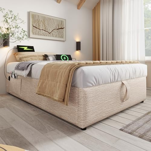 OKMYHOME Bett mit Bettkasten 90 x 190 cm – Einzelbett mit USB-C und Lattenrost – Metall Holz – ohne Matratze – Natur