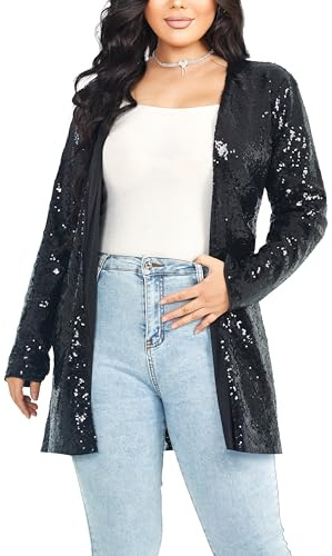 YYPBI Damen Pailetten Jacke Glitzer Blazer Elegant Offene Vorne Langarm Pailetten Cardigan Festliche Strickjacke Party Club