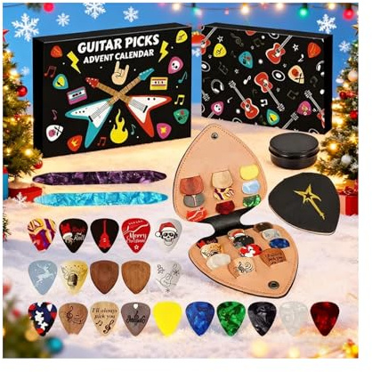 Adventskalender 2025 mit Gitarrenplektren, ein 24-tägiger Adventskalender mit 20 Gitarrenplektren unterschiedlicher Stärke, geeignet für Gitarren-, Bass- und Ukulelenspieler.