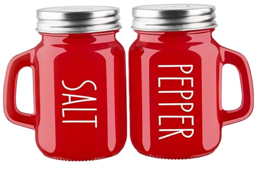 Salière et poivrière, ensemble de shaker en verre rouge avec petite poignée et couvercles en acier inoxydable, décor de comptoir cuisine moderne mignon 120 ml pour table à manger rangem