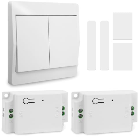 Funk Lichtschalter Set 230V, Selbstversorgender Funkschalter ohne Batterie | 433MHz Funkschalter Licht mit Empfänger für Wohnzimmer, Küche & Bad, Keine Neuverkabelung, 2 Empfänger und 1 Zweifachschalter