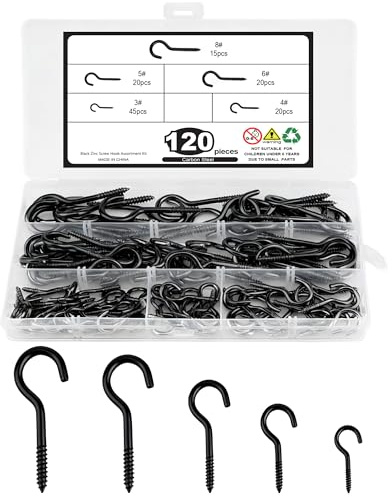 Acual 120 Pack Screw in Hooks, Black Metal Ceiling Screw Hooks for Hanging | Screw Hooks for Hanging Plants, Cups, Utensils, Bird Houses, Wind Chimes, String Lights and for Indoor & Outdoor Use