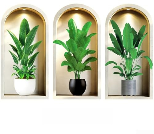 Lot de 3 grands autocollants muraux 3D réalistes en forme de plantes en pot pour maison, salon, chambre à coucher, cuisine, décoration murale amovible en PVC (40 x 80 cm)