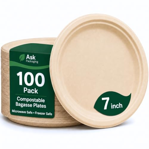Strong Paper Plates (7inch - 100 Pack) – 100% Compostable Disposable Plates – Heavy Duty Natural Sugarcane Eco-Friendly Biodegradable Plastic Free Bagasse Party Plate – Microwave & Freezer Safe
